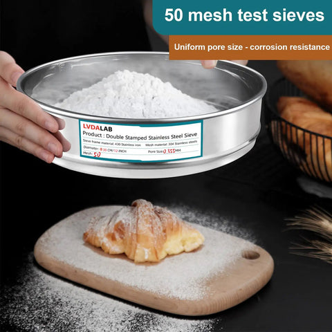 Hands holding 304 Stainless Lab Sieve Screen, 50 Mesh, 12 Inch Diameter, Top Notch Quality with flour over pastry