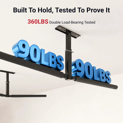 2 Pack Double Arm Overhead Ladder Rack For Garage Ceiling Storage with 360 lbs load test shown in close-up