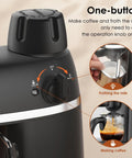 No Hassle Portable Coffee Machine With Quick Turn 800 Watt Espresso And Cappuccino Maker Featuring Built In Milk Frother For Straight Up Lattes And Smooth Daily Grinds Black with operation dial and frothing milk.