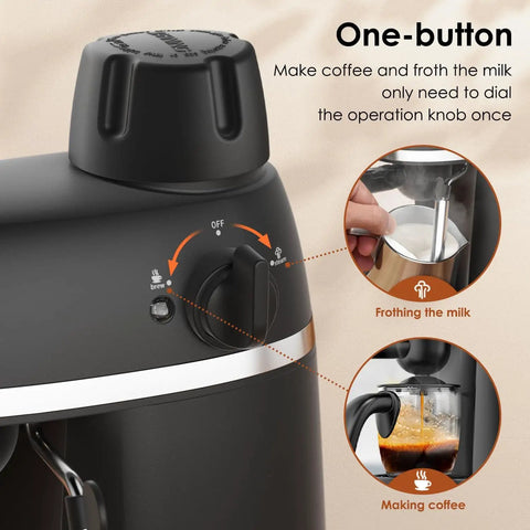 No Hassle Portable Coffee Machine With Quick Turn 800 Watt Espresso And Cappuccino Maker Featuring Built In Milk Frother For Straight Up Lattes And Smooth Daily Grinds Black with operation dial and frothing milk.