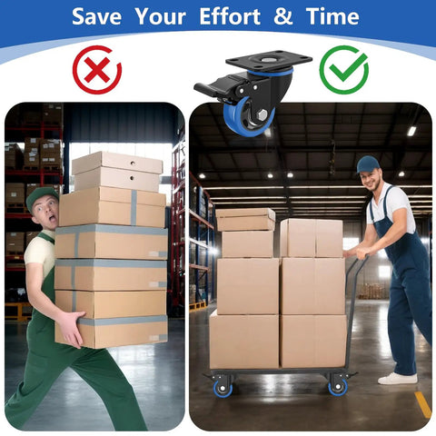 Warehouse worker using Heavy Duty 3 Inch Swivel Caster Wheels Set Of Four With Dual Locking Plate Casters for easy maneuvering of boxes