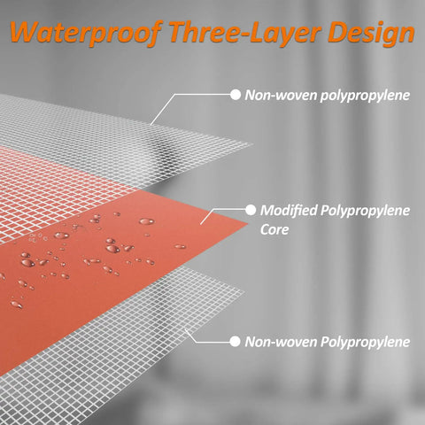 Heavy Duty No Sweat Waterproof Membrane Roll for Shower and Bathroom Walls Uncoupling Membrane Half Millimeter Thick 20 Mil Polyethylene Fabric Moisture Proof for Saunas and Kitchens showing three-layer design with water droplets on surface