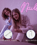Pink Neon Sign LED Wall Light For Nail Salon And Beauty Room Decor USB Powered shown in cozy bedroom setting.
