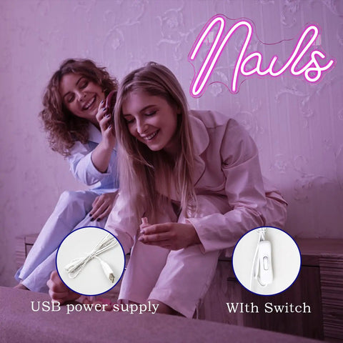 Pink Neon Sign LED Wall Light For Nail Salon And Beauty Room Decor USB Powered shown in cozy bedroom setting.