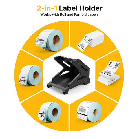 Thermal Label Holder For Rolls And Fan Fold Labels Desktop Label Dispenser For Thermal Printers Office And Home Must Have Wide Compatibility With Roll Labels Up To Four Point Seven Six Inch Wide And Six Inch Outer Diameter Black, black 2-in-1 desktop holder