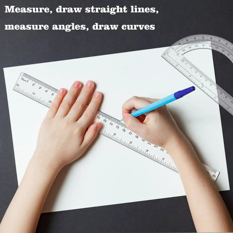 Hands using Two Pack 12 Inch Ruler And 6 Inch Clear Protractor Set For Math And Geometry, Classroom And Home Office Gear