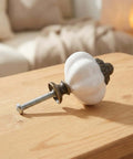 White Pumpkin Drawer Knobs 2 Pack Old School Vintage Cabinet Pulls Antique Hardware resting on wood surface