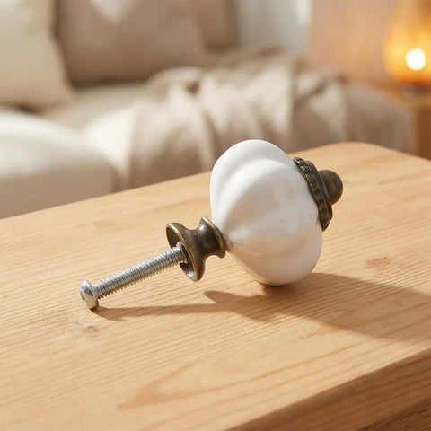 White Pumpkin Drawer Knobs 2 Pack Old School Vintage Cabinet Pulls Antique Hardware resting on wood surface