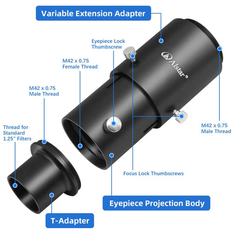 1.25 Inch Extendable Camera Adapter for Prime Focus or Eyepiece Projection Astrophotography with refractors and reflector telescopes