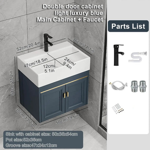 Vessel Sink Rectangular, Ceramic Vessel Sinks for Bathrooms, Modern Pianted Wall Mounted Vessel Sink Cabinet Set, Bathroom Ceramic Washbasin and Faucet Combo, for Small Space (52*36cm/20.4*14.1in), featuring a blue cabinet and black faucet.
