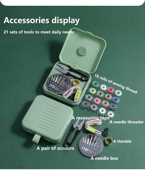 Travel Size Sewing Kit With Compact Blue Storage Box, Beginner Friendly DIY Embroidery Thread And Needle Accessories open to show contents on green background.