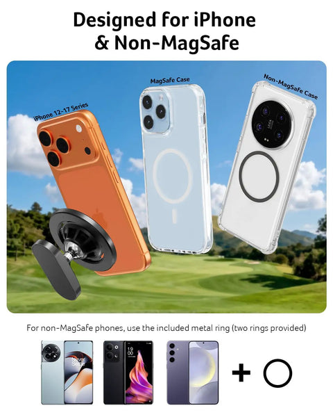 Heavy Duty Magnetic Golf Cart Phone Holder Beefy Alloy Build with MagSafe and non-MagSafe case options on golf course.