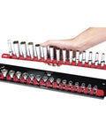 18-Inch Socket Boss 2 Rail 1/2-Inch Drive Socket Organizer With Twist Lock Secure Hold, Red Finish, being used.