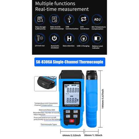 Top Shelf Digital Thermocouple Thermometer With K And J Type High Temperature Meter showing display and functions, measuring 144mm x 64mm.