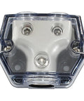 Two Way Power Ground Distribution Block for Car Audio, 0 Gauge Wiring, Heavy Duty Alloy Build With 1 Input and 2 Output Terminals, Simple Install, Reliable Ground and Power Split for Amp System, clear cover