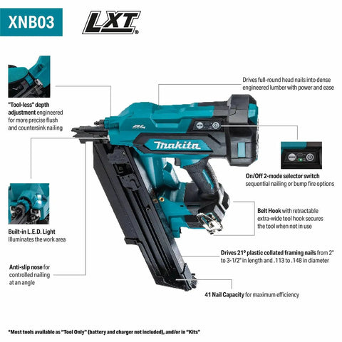18V LXT Cordless Framing Nailer With 21 Degree Full Round Head, 3-1/2 Inch, Tool Only, visible in teal color with features described