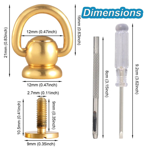 Dimensions of 4Pcs Brass D Rings For Purses Rotatable Bag Strap Hardware With 360 Degree Ball Studs And Screws Leather Craft Kit