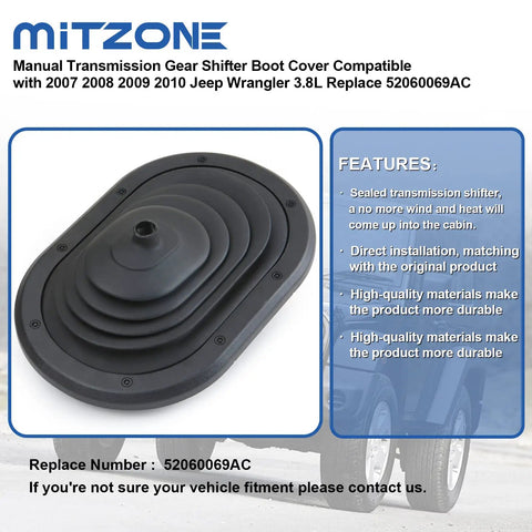Manual Transmission Gear Shifter Boot Cover For Jeep Wrangler JK 3.8L 2007 2008 2009 2010 Dust Shield Replacement 52060069AC displayed on a product info sheet with the words 'FEATURES: Sealed transmission shifter'.