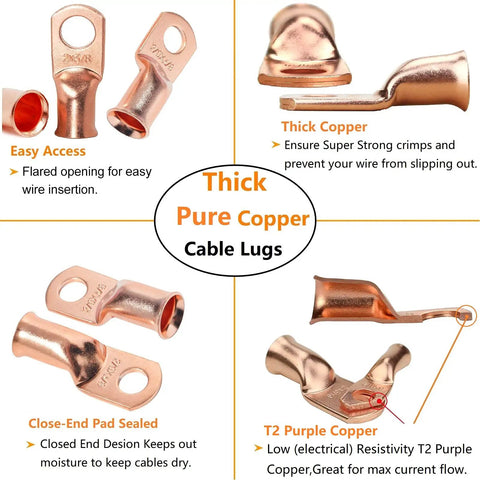Heavy Duty Battery Cable Lug Kit With Copper Ring Terminals For 1/0 And 2/0 Gauge, thick pure copper lugs detail