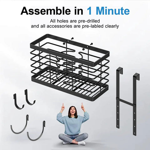 Three In One Hair Tool Organizer And Universal Hair Dryer Holder Upgraded 2026 with mounting accessories and smiling person