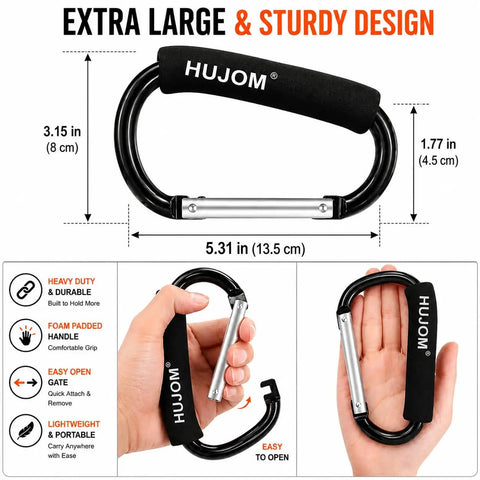 Heavy Duty Stroller Hooks 2 Pack Carabiner Clips For Hanging Diaper Bags Purse Grocery And Shopping Bags Hands Free On The Go Mom Must Have Accessory For Shopping Trips And Outdoor Adventures, shown in black with foam padding and easy open gate.