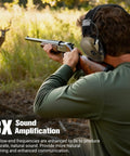 Man wearing NRR 23dB Shooting Earmuffs With Gel Ear Pads Slim Profile Range Ready Noise Reduction And Sound Amplification For Gun Range And Hunting Built For All Day Comfort Brown, aiming rifle in forest.