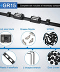 Image of 1000mm Linear Guide Kit With Four HGH15CA Carriage Blocks And End Stops shown with components like grease nipple and screws.