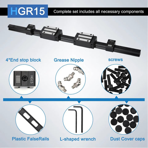 Image of 400mm Linear Guide Kit with two rails, four HGH15CA carriage blocks, four HG15 end stop blocks, and accessory components displayed.