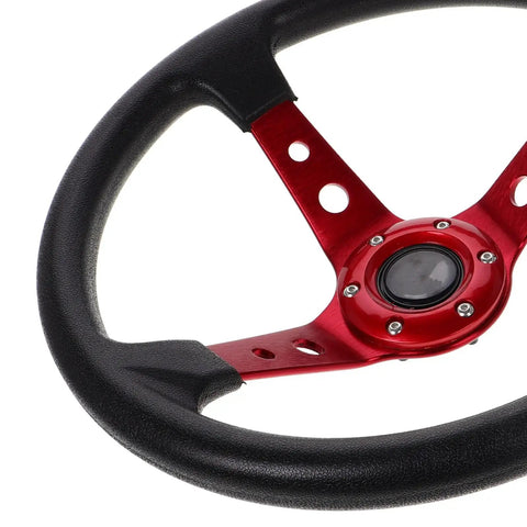 Universal 14 Inch Red PU Steering Wheel for Cars, Golf Carts, Dune Buggies, and Racing Karts with Horn Button, close-up