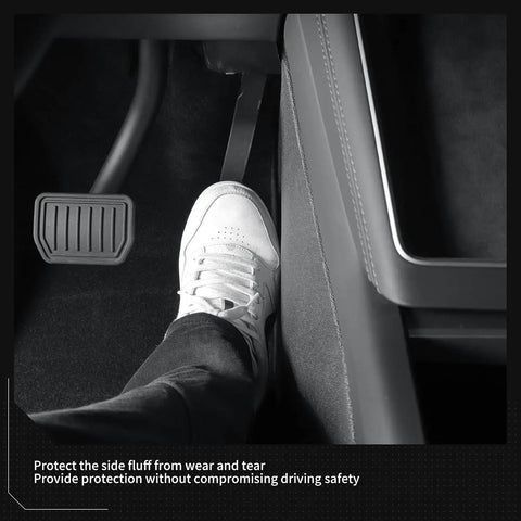 Heavy Duty Kickproof Console Guard For Tesla Model Y Juniper And Model 3 Highland shown installed near foot pedal area.