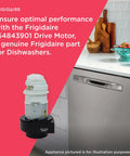 Drive Motor For Dishwashers 154843901 Replacement Part OEM Quality Easy Install shown next to dishwasher for context.