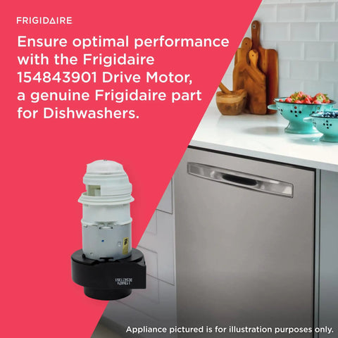 Drive Motor For Dishwashers 154843901 Replacement Part OEM Quality Easy Install shown next to dishwasher for context.