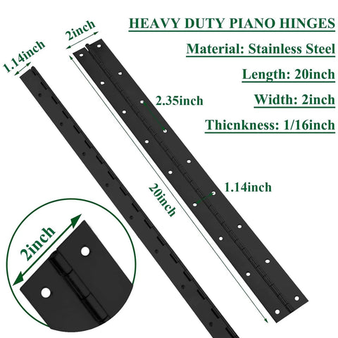 Two-pack heavy-duty piano hinge, black stainless steel, 20-inch long, 2-inch wide with mounting holes