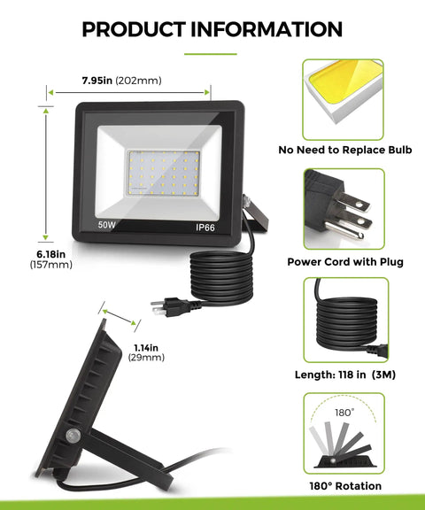 Dusk To Dawn Outdoor Flood Light 50W No Fuss Auto On Off 6000K Daylight IP66 Waterproof 2300 Lumens Plug In Security Light dimensions