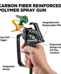 No Fuss Heavy Duty Airless Paint And Stain Sprayer Designed For Clean Low Overspray Results And Lightning Fast Coating On Exterior Siding Large Decks And Fences, carbon fiber polymer spray gun with ergonomic handle.