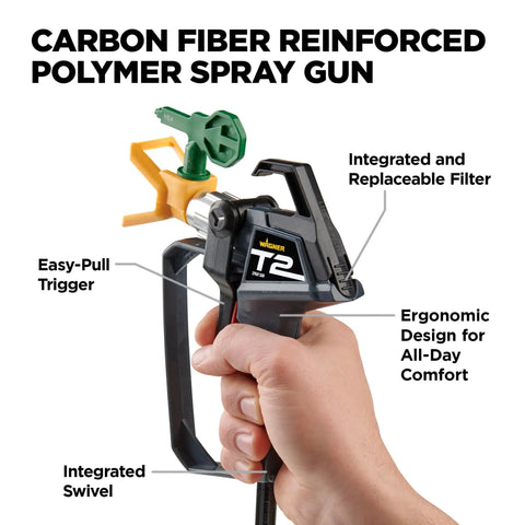 No Fuss Heavy Duty Airless Paint And Stain Sprayer Designed For Clean Low Overspray Results And Lightning Fast Coating On Exterior Siding Large Decks And Fences, carbon fiber polymer spray gun with ergonomic handle.