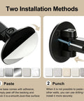Adjustable Black Shower Curtain Rod 36 To 63 Inches Aluminum With 180 Degree Rotating Brackets, Dual Installation Adhesive Or Drill, Rustproof Smooth Gliding For Quick Secure Shower Setup. Two installation methods shown: paste and punch