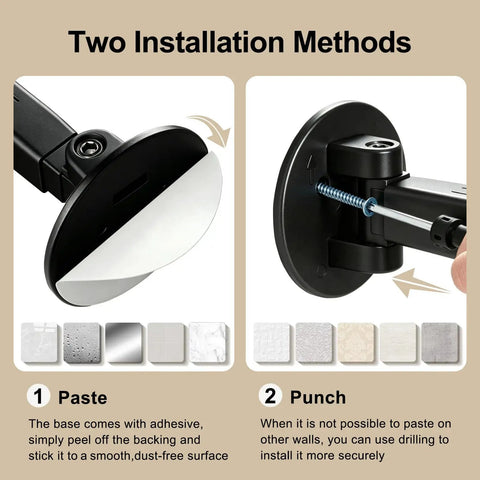Adjustable Black Shower Curtain Rod 36 To 63 Inches Aluminum With 180 Degree Rotating Brackets, Dual Installation Adhesive Or Drill, Rustproof Smooth Gliding For Quick Secure Shower Setup. Two installation methods shown: paste and punch