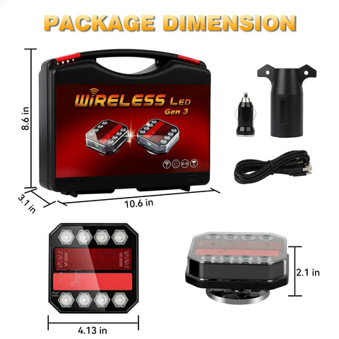 SAKFEP wireless magnetic trailer light kit in hard case with LED tow lights, car charger, mounting bracket, and cable