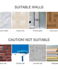 Wall suitability chart for Stick On Toilet Paper Holder No Drilling Stainless Steel Brushed Finish Easy Install For Bathroom Bedroom And Lavatory Durable SUS 304 Roll Holder Six Point Two Inch Long Two Point Six Inch Plate showing suitable and unsuitable wall types.