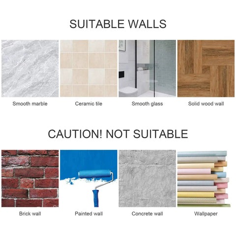 Wall suitability chart for Stick On Toilet Paper Holder No Drilling Stainless Steel Brushed Finish Easy Install For Bathroom Bedroom And Lavatory Durable SUS 304 Roll Holder Six Point Two Inch Long Two Point Six Inch Plate showing suitable and unsuitable wall types.