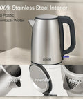 Electric Kettle With Plastic Free Interior And 304 Stainless Steel Build, 1.7L, 1500W, Fast Boil, Auto Shut Off, Boil Dry Protection