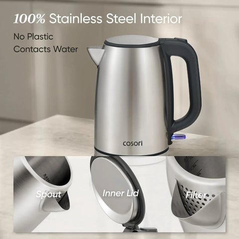 Electric Kettle With Plastic Free Interior And 304 Stainless Steel Build, 1.7L, 1500W, Fast Boil, Auto Shut Off, Boil Dry Protection