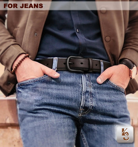 Men's Genuine Leather Belt For Dress Casual And Golf Looks, One And Three Eighths Inch Wide, Sauce Coffee Color, shown with jeans