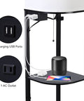 Smart RGB Shelf Floor Lamp With USB Ports And Power Outlet, black lamp showing USB ports and power outlet on shelf