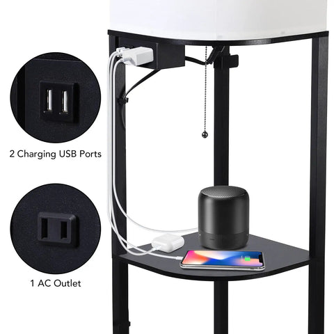 Smart RGB Shelf Floor Lamp With USB Ports And Power Outlet, black lamp showing USB ports and power outlet on shelf
