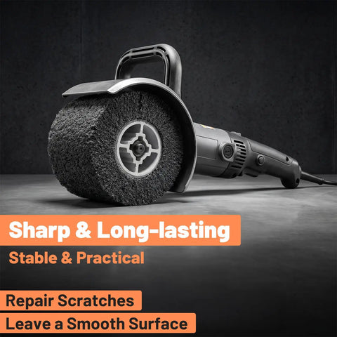2-Pack 60 Grit Polishing Drum Wheel Set, 4.7 by 4 inch abrasive wire drum attached to a power tool on a grey background