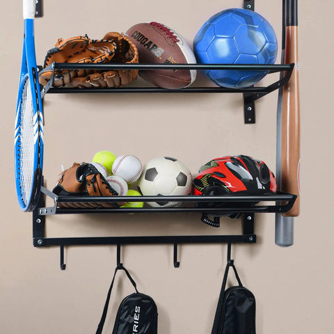 Three Tier Wall Mounted Gear Organizer With Ball Rack Bat And Racket Holders And Four Helmet And Accessory Hooks Heavy Duty Garage Storage In Glossy Black showing sports gear and accessories.