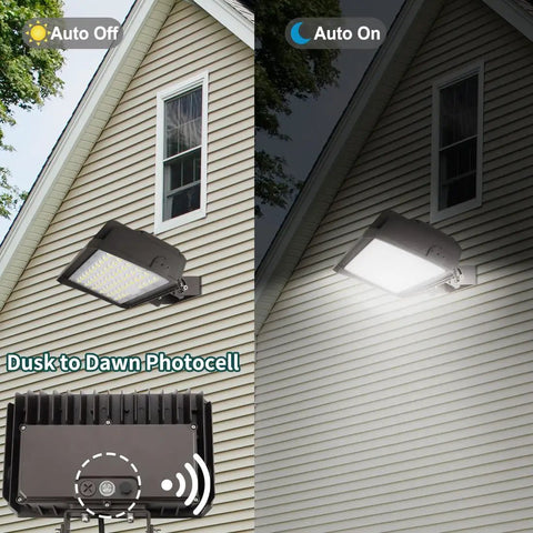 Built Tough Adjustable 150W LED Flood Light With Dusk To Dawn Photocell mounted on building, auto on-off feature