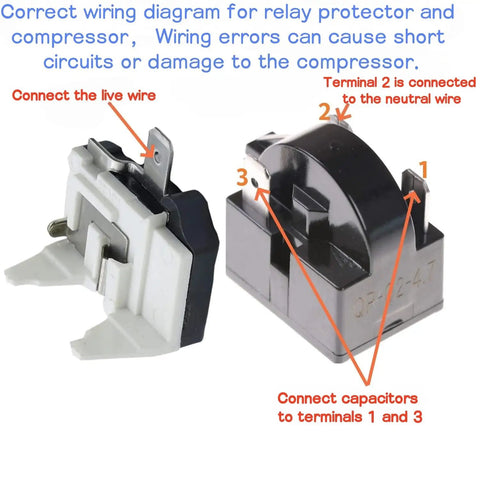 3 Pin 4.7 Ohm Refrigerator Start Relay Kit With Overload Protector For 1/2 HP Compressors, wiring diagram visible